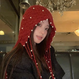 DAIIIBABYYY  -  Korean Autumn and Winter Hand-crocheted Fringed Pearl Pullover Knitted Hat Warm Ear Protector Strap Skull Beanie Cap for Women's