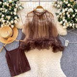 Daiiibabyyy  New Korean 2 Piece Sets See Through Ruffled Cropped Blouse + Sexy Solid Vest Suit Roupas Femme Fashion Solid Color Y2k Outfits