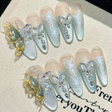 Daiiibabyyy  10pcs Handmade Press On Nails Almond 3D Crystal Butterfly False Nails Decor Glitter French Tip Fake Nails Elegant Blush Nail Art