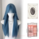 Daiiibabyyy  Blue wig With bangs Synthetic Wigs With Bangs Long Straight Cosplay Wig Natural Hair Heat Resistant For Women party Daily Use
