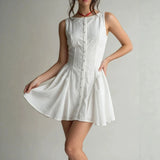 Daiiibabyyy  Summer Woman Dress Sleeveless Backless Dresses Women's Ruched Waist White Mini Dress Tie Back Pleated Skirt A Line Dress