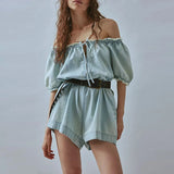 Daiiibabyyy  Casual Bubble Sleeve Solid Color Short Romper Women Fashion Lace-Up Hollow Summer Playsuit Fashion Square Collar Denim Jumpsuit
