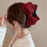 Daiiibabyyy Elegant Solid Colour Big Bow Hair Clips Woman Ponytail Claw Clip Sparkling Clips Hairpin Girls Headdress Hair Accessories Gifts