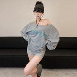 DAIIIBABYYY  -  Commuting Loose Casual Style Spicy Girl Japanese Retro Letter Printed Slanted Neck Shirt Women Slim Versatile Top