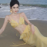 DAIIIBABYYY  -  New Fashion Holiday Yellow White Camis Slip Long Dress Backless Ruffles V Neck Seaside Beach Dress Sexy Hollow Waist Fairy Dress