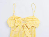 Daiiibabyyy  Summer Floral Print Hollow out Back Dress with Small Bow Tie Wind Hemp Short Sleeve V-Neck British Style Commute Dress
