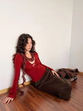 Daiiibabyyy  Retro Spicy Girl Style Niche Instagram High End Lace Patchwork Design Sexy Twisted Hollow Out V-neck Base Shirt