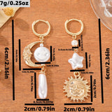 Daiiibabyyy  Luxury Vintage Style Sun Moon Asymmetric Faux Pearl Women Dangle Earrings Suitable For Banquet And Dinner Matching
