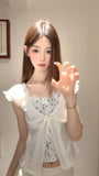 Daiiibabyyy  White Slim Korean Artistic Cute Milk Top Women Summer Contrasting Color Splicing Fake 2 Piece Floral Short Sleeve Shirt
