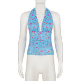 Daiiibabyyy  Blue Floral Halter Top Deep V Neck Ruched Sleeveless Backless Crop Blouse Summer Chic Lady Fashion Casual Streetwear Tops