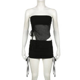 DAIIIBABYYY  -  Women Club Party Sexy Skirt Suits Transparent Mesh Split Tube Top and Drawstring Low Rise Mini Skirts Two Piece Sets Lady