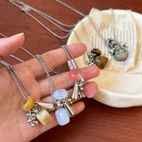 Daiiibabyyy  Natural Stone Necklace with Water Droplet Pendant for Women Adjustable Long Sweater Chain