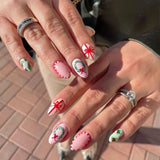 Daiiibabyyy  24PCS Christmas Gift False Nails Red Green Bow Ring Patterns French Fake Nails for Women Sweet Winter Almond Press on Nails Tips