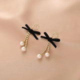 Daiiibabyyy  Black Red Velvet Bowknot Drop Earrings for Women Vintage Rhinestones Imitation Pearl Drop Earrings Jewelry  Dating Party K
