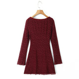 Daiiibabyyy  Sexy Wine red Flocking Flower Mesh Flare Sleeve Dress Woman Bow Square neck Package Hips A-line Mini Party Robe Bodycon