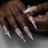 Daiiibabyyy  24Pcs Long Stiletto Press on Fake Nails White Gradient French False Nails with 3D Flower Pearl Detachable Full Cover Nails Tips