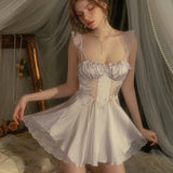 Daiiibabyyy  Sexy Lingerie Pajamas Women Sleepwear Summer New Ruffles Ice Silk Nightgowns with Chest Pad Sleep Dress Vestidos Mujer