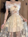 Daiiibabyyy  French Style Sweet Hollow Out Dresses Women Evening Retro Princess Fairy Long Dress Summer Lolita Kawaii Elegant Party Dress New