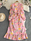 DAIIIBABYYY  -  Vintage Women Floral Printed Long Dress Spring Autumn Elegant V-Neck Puff Sleeve Single Breasted Ruffle Hem Mermaid Maxi Robe
