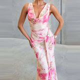 Daiiibabyyy  Sexy V-neck Backless Tie-up Bohemian Long Dress Women Elegant Sleeveless Waist Gowns Fashion Floral Printed Vacation Party Dress