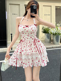 DAIIIBABYYY  -  Women Fashion Floral Bow Chic Neck-mounted Midi Dress Summer Elegant Ruffled Lolita Dress 2025 New Korean Bodycon Kawaii Dress
