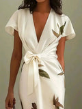 Daiiibabyyy  Summer Woman Dress Elegant Women's Satin Floral Print Dresses Long V Neck Wrap Maxi Dress Asymmetrical Hem Self Tie Belt