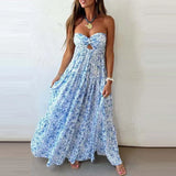 Daiiibabyyy  Fashion Hollow Out Sleeveless Vacation Dress Summer Strapless Pleated Slim Maxi Dress Elegant Lady Off Shoulder Evening Dress