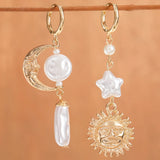 Daiiibabyyy  Luxury Vintage Style Sun Moon Asymmetric Faux Pearl Women Dangle Earrings Suitable For Banquet And Dinner Matching