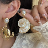 Daiiibabyyy  New Ocean Style Pearl Conch Earrings Women's Beach Vacation Crab Shell Asymmetry Earrings Elegant Unique Jewelry Accessories