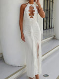 Daiiibabyyy  Elegant Sleeveless Embroidery Hollow Long Dress Women Fashion Backless White Party Dresses Sexy Halter Lace-Up Cover-Up Swimsuit