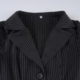 Daiiibabyyy  Sexy Deep V Neck Striped Shirt Women Black Two Button Cardigan Waist Cinched Summer Short Top Fashionable Casual Commuting Basic