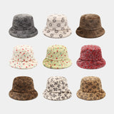 Daiiibabyyy  Women Autumn Winter Printed Plush Bucket Hat Vintage Floral Print Fluffy Hat Korean Warm Fisherman Hats