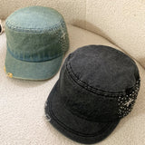 DAIIIBABYYY  -  Japanese Rhinestone Decorative Flat-top Baseball Cap Men's and Women's Retro Washed Denim British Niche Equestrian Caps Gorras