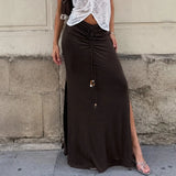 Daiiibabyyy  Women's Brown Long Maxi Skirt, Drawstring Waist, Beaded Tassel, Side Slit, Boho Summer Flowy Casual High Waist, Party