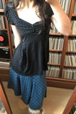 Daiiibabyyy  Vintage Set Gentle Sweet Black Polka Dot Short Sleeved Waist Cinching Top Slimming Half Skirt Two-piece Set