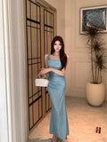Daiiibabyyy  Elegant Blue Gown Women's Summer Slimming Long Dress Folded Waist Cinched Strapless Dress Polished Look Polyester Fabric