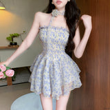 Daiiibabyyy  Princess Style Floral Lace Off-Shoulder Chiffon Dress Women's Summer Sleeveless Waist-Cinched Full Skirt Casual A-Line Dress