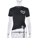 Daiiibabyyy 2024 Summer Heart Hollow Hot Diamond Drawstring Slim T Shirt Women O-neck Short Sleeve Casual Versatile Crop Top Streetwear Tees