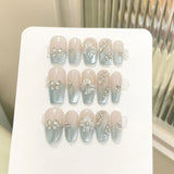 Daiiibabyyy  10pcs Hand-carved 3D Ice Flower Press On Nails Light Blue French Style Cat Eye Handmade False Nail Ins Charm Wearable Fake Nail