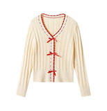 DAIIIBABYYY  -  Sweet Girl V-neck Bow Long-sleeved Knitted Sweaters Autumn and Winter Korean Style Slim Fit Versatile Temperament Pullover Tops