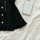Daiiibabyyy  Vintage Black Lace Lace and Bubble Short Sleeved T-shirt Vintage Feel Summer Slim Fit Slimming Short Top