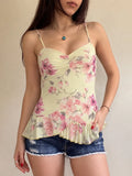 Daiiibabyyy  Vacation Y2k Flower Print V Neck Spaghetti Strap Sleeveless Slim All Match Basic Tanks
