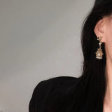 Daiiibabyyy  Retro Art Design Bird In Cage Pearl Tassel Asymmetric Earrings Women's Personalized Charm Jewelry Creative Gifts