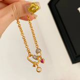 Daiiibabyyy  French Style Retro Red Zircon Heart Design Bracelets Fashion Gold Color Chain Bracelet Hand Jewelry For Women