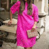 DAIIIBABYYY  -  Women Sweet Half Sleeve Hollow Out Straight Dress Spring Zipper Loose Stand Collar Ladies Mini Dress Elegant Streetwear Vestidos