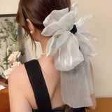 Daiiibabyyy Trendy Black And White Color Mesh Big Bow Hairpins Girl Tulle Starry sky Hair Clip Women Ponytail Claw Clip Hairgrip Accessories