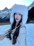 Daiiibabyyy  Plush Pom Pom Laced Up Bomber Hats Women Winter Warm Imitation Mink Ear Pilot Hat Cute Tail Hanging Ball Tether Snow Ski Beanies
