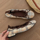 Daiiibabyyy  Women New Single Shoes Round Toe Bow Detail Check Pattern Patchwork Sole Thick Heel Lightweight Street Flat Footwear