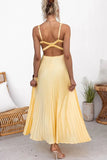 Daiiibabyyy  Summer Woman Dress Spaghetti Strap V Neck Maxi Dress Pleated A Line Silhouette Elegant Party Evening Dress Yellow Teal Emerald