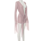 Daiiibabyyy  Mesh Sheer Sexy Open Back Swinging Neck Draped Folds High Waisted Big Swing Long-sleeve Mini Dress For Women Beach Clubwear